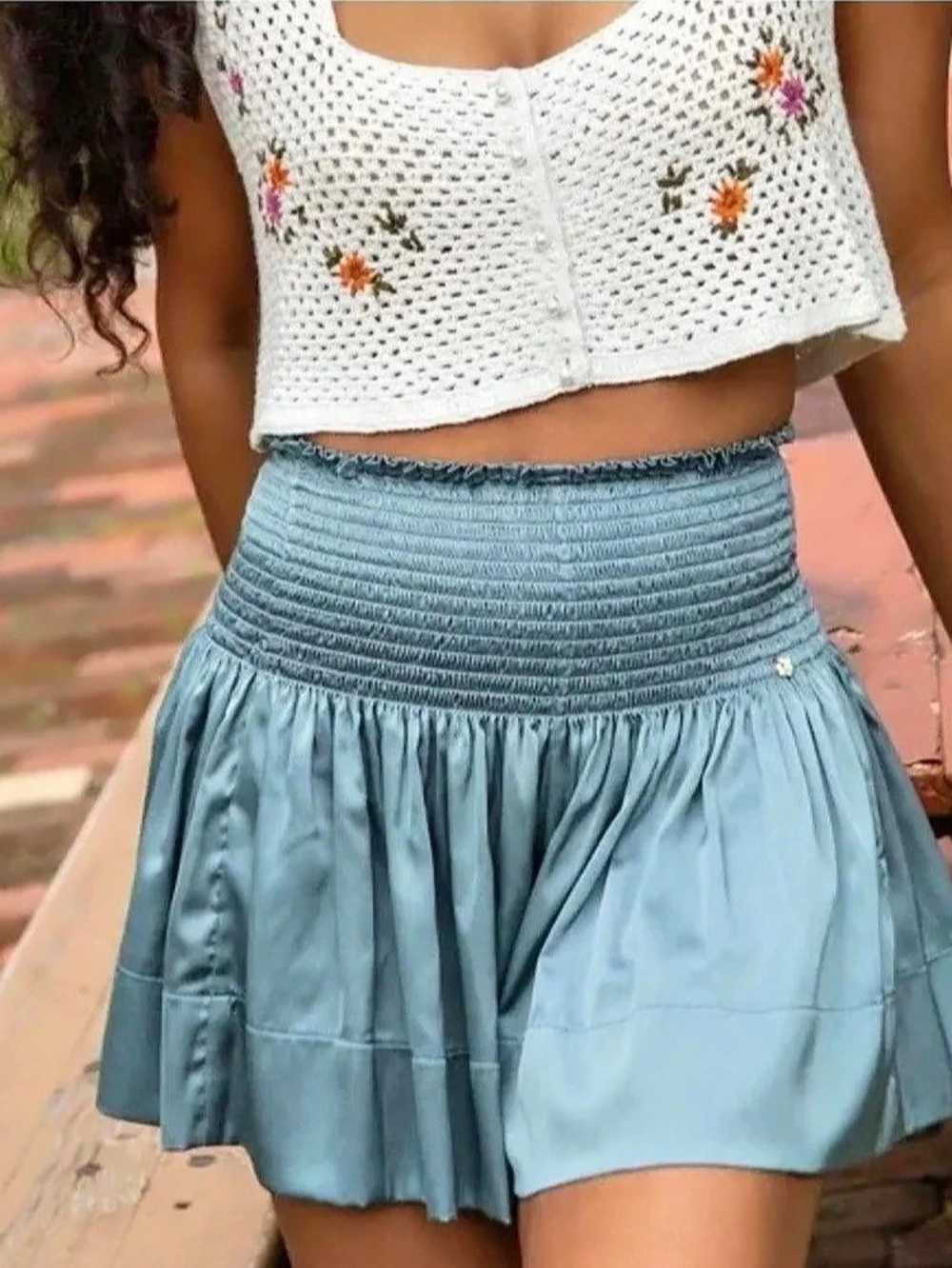 Natural Life Satin Smocked Waist shorts Blue Small